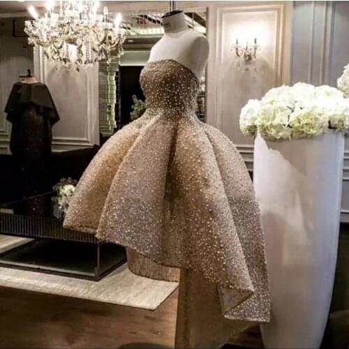 Luxury Champagne Pearls High Low Prom Dresses 2020 Abendkleider Saudi Arabic Lace Prom Gowns Abiye Long Formal Party Dress