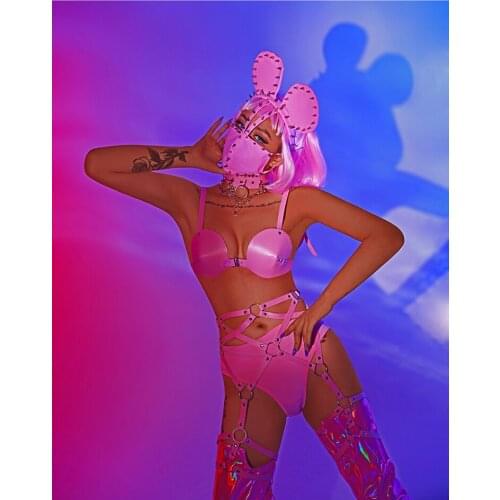 Sexy DJ Stage Costume Singer Dancer Team Performance Outfit Pink Bandage Bikini Nightclub Bar Rivet Headgear Leg Cover Set
