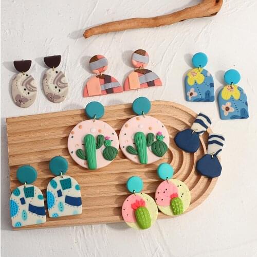 AMORCOME Multi-type Handmade Cute Polymer Clay Drop Earrings Flower Cactus Pattern Geometric Pendant Statement Earrings Bijoux