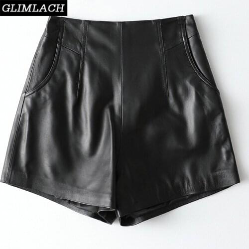 2021 New Women Genuine Leather Shorts 100% Sheepskin Real Leather Wide Leg Shorts Casual Streetwear Ladies Black Spring Shorts