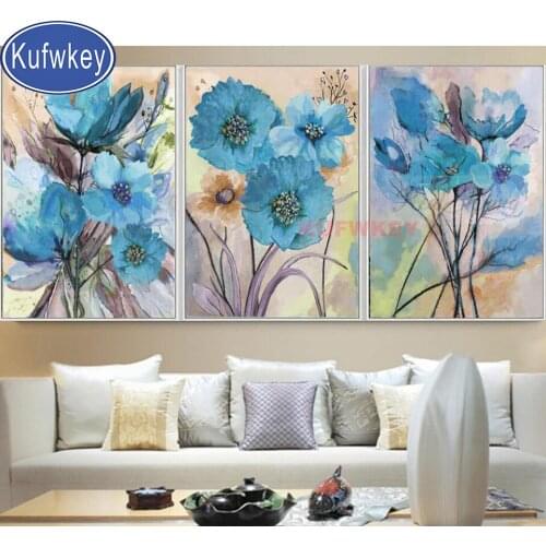 Blue poppies flowers diamond embroidery full square round diy diamond painting cross stitch 3 pcs handmade needlework mosaic