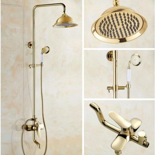 Modern Golden Brass Wall Mount 8" Rain Bathroom Rainfall Shower Faucet Set with Hand Spray Shower Head Bath Tub Mixer Tap 2gf313