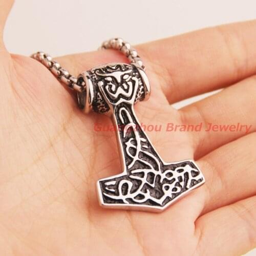 Vintage Small Fashion 100% Stainless Steel Face Thor 's Hammer Pendant Necklace for Men, Free Chain, Silver Black Color