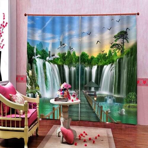 Green Forest Waterfall Natural Scenery Curtain Digital Paint For Living room Bedroom Blackout Window Drapes Indoor Decor Sets