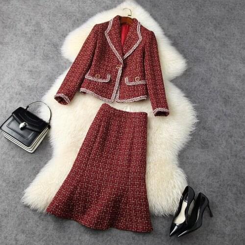 European and American womens wear 2020 winter new style Long-sleeved tweed coat Fishtail skirt Fashionable two-piece suit