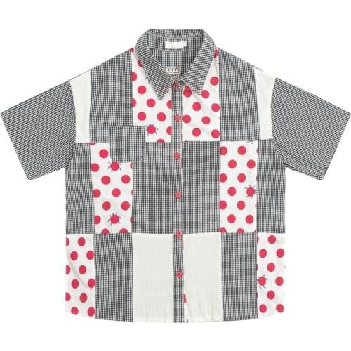 Polka Dot Graphic Print Women Shirts 2021 Summer Short Sleeve Turndown Collar Korean Fashion Ladies Patchwork Blouse And Tops