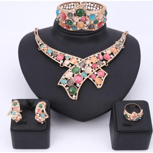 Women Girl Wedding Accessories African Beads Jewelry Set Costume Gold Color Nigerian Cats Eye Crystal Necklace Jewelry Sets
