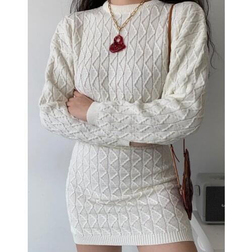 TVVOVVIN Autumn Skirt Suits Two Piece Set Women Solid Color Long Sleeve Loose Knitted Sweater + Package Hip Mini Skirts E256