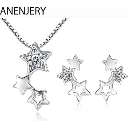 ANENJERY 925 Sterling Silver Jewelry Sets Simple Zircon Star Necklace+Earrings For Women Girl Gift