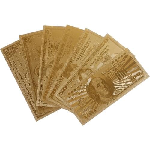7pcs Currency Bill Paper Money Coin Medal United States Gold Color 1 Dollar USA Gold Banknote