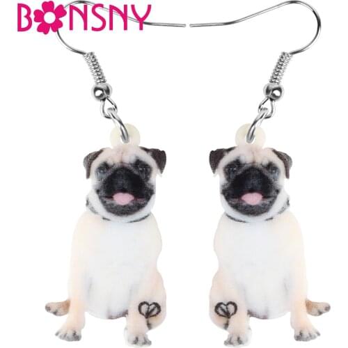 Bonsny Acrylic Lovely Sitting Pug Dog Earrings Big Long Cute Animal Dangle Drop Jewelry For Women Girls Novelty Gift Decoration