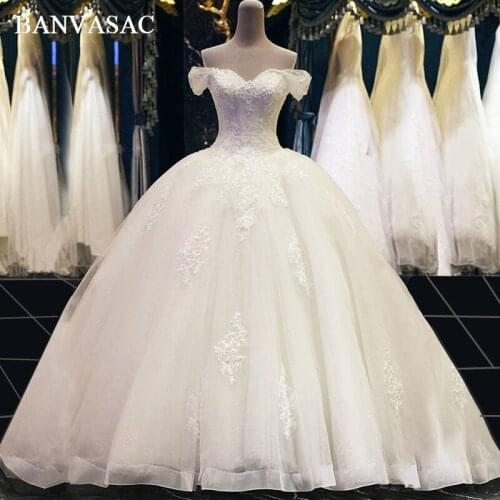 BANVASAC 2018 Ball Gown Court Train Wedding Dresses Boat Neck Real Photos Lace Appliques Short Cap Sleeve Plus Size Bridal Gowns