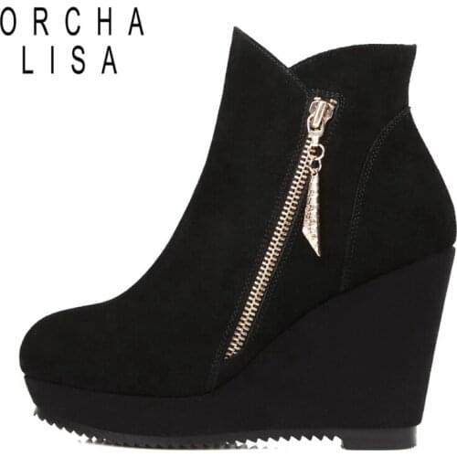 ORCHALISA High womens boots Cow Suede Wedge Platform boots Hidden Heel Shoes High Top Casual Shoes Woman ankle boot Zipper Cool