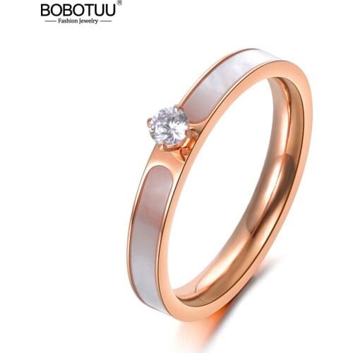 BOBOTUU Stainless Steel Ring Rose Gold Color AAA Zircon Shinning Rhinestone & White Shell For Christmas Gift Girl Women BR18146