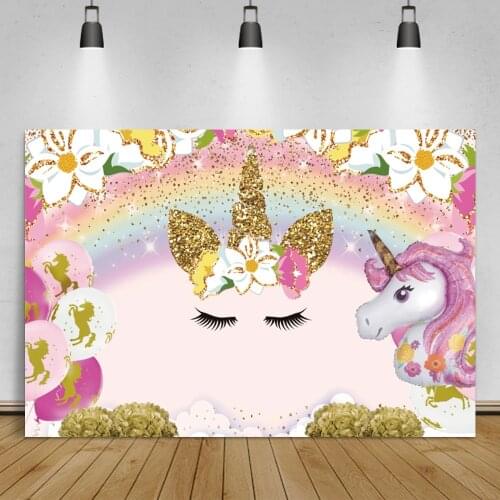 Laeacco Unicorn Baby Shower Birthday Kids Portrait Customized Banner Rainbow Pattern Photo Background Backdrop For Photography
