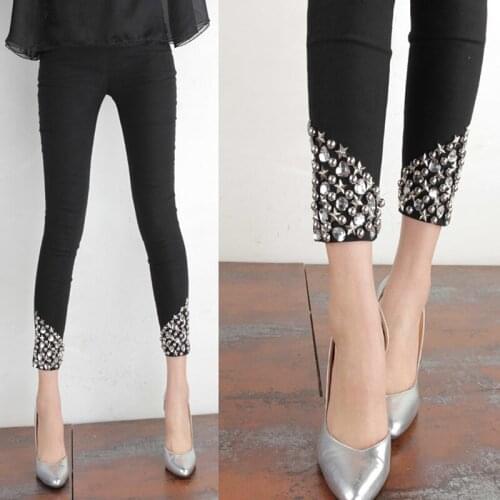 2020 Summer New Cool Black Hand-Stitched Rhinestone Pants All-match Large Size Wear Leggings Thin Womens Pants Black Leggings