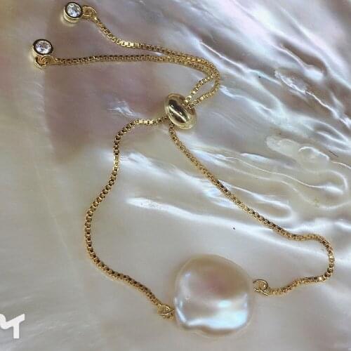 LJHMY 24K Yellow Gold Filled white Reborn Keshi Pearl Adjustable Chain Bracelet