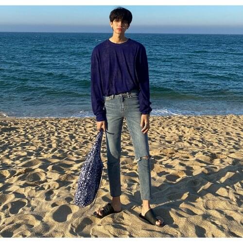 Men Spring Streetwear Ripped Jeans 2021 Hole Jeans Korean Fashions Straight Loose Trousers Male Plus Size Denim Pants W487