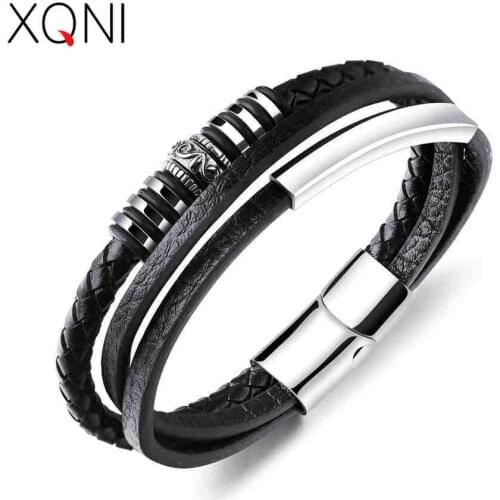 XQNI Top Quality Mans Leather Bracelet Stainless Steel Black Color Magnet 200mm Accessories Jewelry For Birthday Gift
