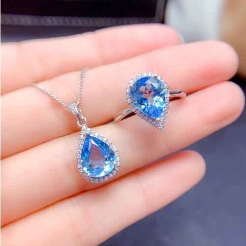 New Imitation Blue Topaz Jewelry Sets for Women Luxury Water Drop Shape Rings Pendant Necklaces Wedding Jewelry Gifts