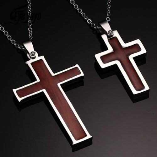 EyeYoYo Stainless Steel Inlaid Wood Grain Christian Cross Necklace Religious Prayer Jewelry For Men and Women