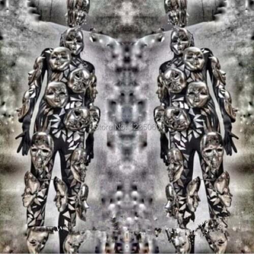 Silver Catwalk Show Stage Wear Ballroom Costume Mirror Skull Clothes Performance DS Mirror Dance Suit Party Mirror Headwear