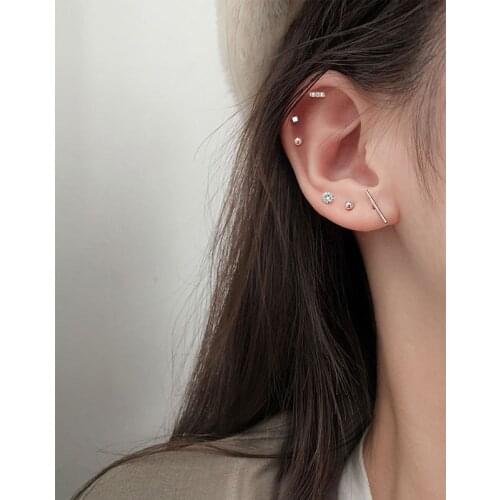 925 sterling silver earring cute small mini ball geometric Vertical bar zircon stud earring simple minimalist girl ear jewelry