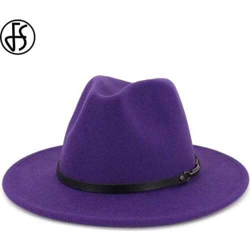 FS Purple Wide Brim Simple Church Derby Top Hat Panama Solid Color Felt Fedoras Hat for Men Women Elegant Lady Wool Jazz Cap
