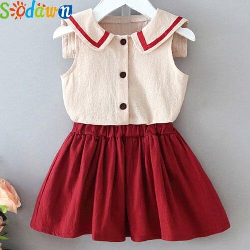 Sodawn Girl Clothes Suit Summer Lapel Single-breasted Sleeveless Top+ Skirt 2PCS Set Children Baby Kids Student Clothing