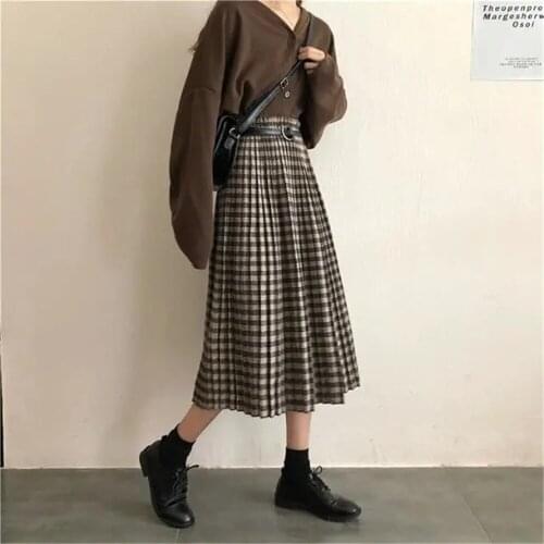 Vintage Brown Plaid Long Pleated skirt With Belt Women Autumn High elastic waist Midi Skirt Student Woolen Winter Thicken Skirts