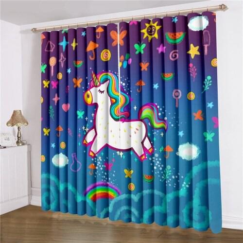 Unicorn Window Curtain 3D Print Rainbow Cartoon Window Treatment 2 Panels Home Window Drapes For Living Room/Bedroom Curtain