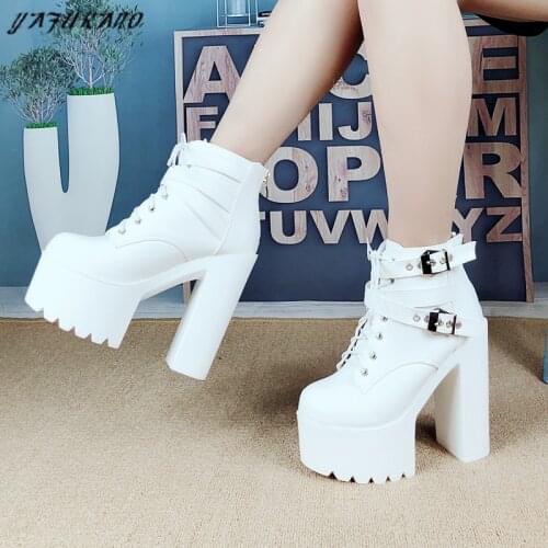 2020 Brand Design Platform Women Ankle Boots 14Cm Sexy High Heels Square Heel Thick Sole Short Boot White Lace-Up Wedding Shoes
