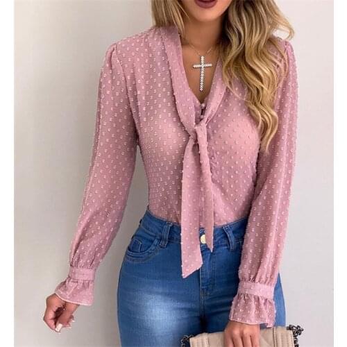 Womens Tops and Blouses Elegant Long Sleeve OL Shirt Ladies V Neck Polka Dot blusa feminina Party Transparent Classic Streetwear