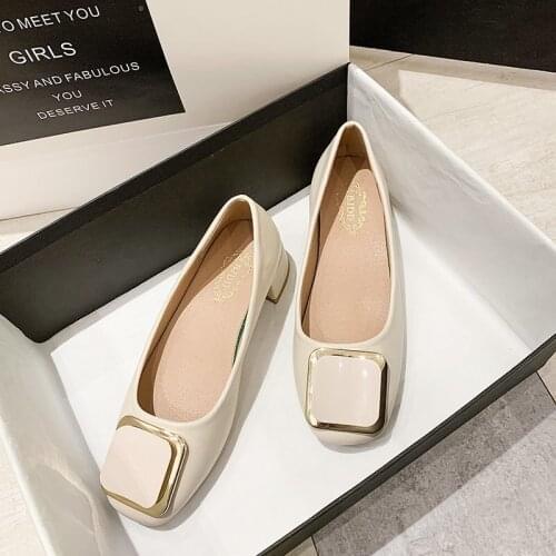 Plus Size 41 Women Dress Shoes Square Toe Boat Shoes Square Button Pumps Med Heels Patent Leather Ol Office Zapatos Mujer 9375N