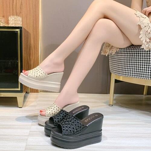 Temperament High-Heeled 11 Cm Ladies Slippers Summer Hot-Selling Slope With Pure Color Casual Shoelace Waterproof Platform