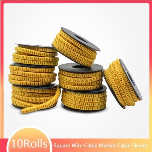 10 Rolls 1mm - 6mm Square Wire Cable Marker Cable Sleeve PVC Number 0-9 1.5mm 2.5mm 4mm 6mm