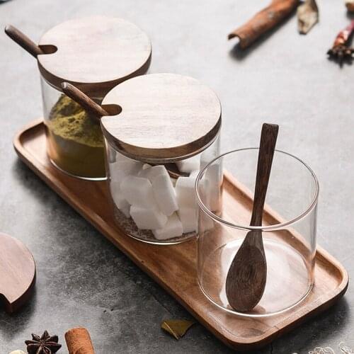 3Pcs Glass Seasoning Jar Set Creative Clear Crystal Glass Salt Sugar Storage Bottles with Spoon Lid Kitchen Spice Container Suit