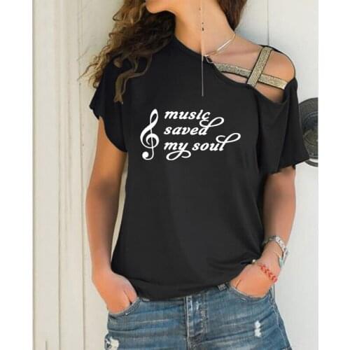 Music Saved My Soul Print T-shirt Women Irregular Tshirt Artist Lover Gift Tops Skew Neck Plus Size Cross Bandage T-shirt