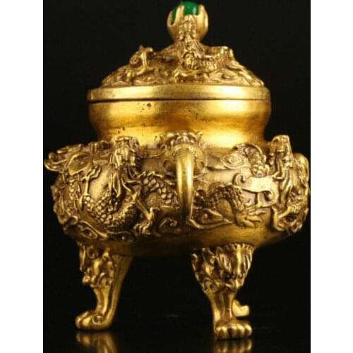 Chinese Brass Dragon Incense Burner with Jade Pearls Bead Lid Xuan De Mark Statues for Decoration Collection Ornaments