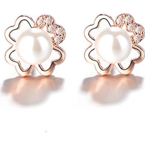 Trendy Clover Flower Pearl Earrings For Girls Party Accessories Fashion Rose Gold Silver 925 Stud Earrings Women Jewelry Gift