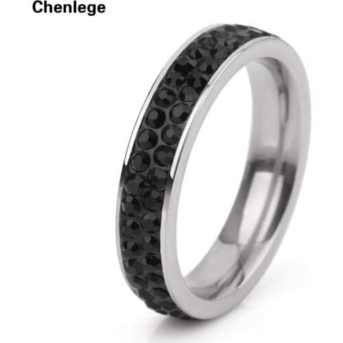 New arrival fashion women full crystal black rings wholesale stainless steel wedding CZ rings party 2 row rhinestone jewelry