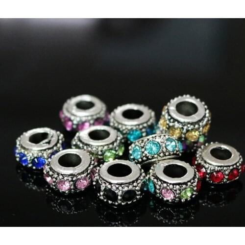 Wholesale 100pcs/lot Colors Full Rhinestone Rondelle Metal Spacers Big Hole Charm Beads For European Bracelet 6x12mm