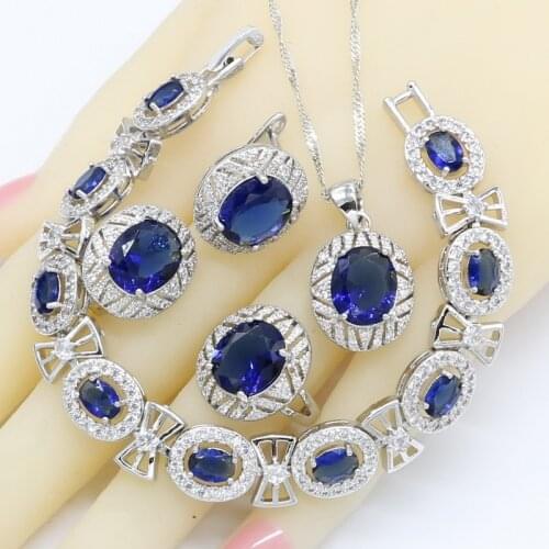 Oval Dark Blue Crystal Silver Color Bridal Jewelry Sets for Women Bracelet Hoop Earrings Rings Necklace Pendant Gift Box