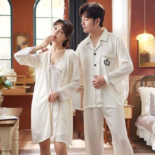 Summer Couple 2PCS Robe Gown Sets Sexy V-Neck Strap Top Nightgown Kimono Bathrobe Pajamas Set M-XXL Lounge Lingerie Home Clothes