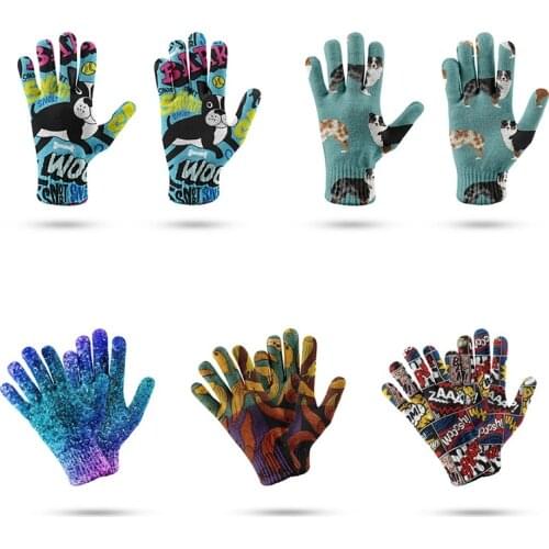 Womens Spring Touch Screen Gloves 3D Printing Splicing Knitted Sports Mitten Mens Stretch Ride Bike Five Finger Gloves