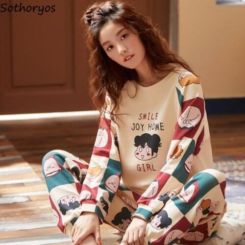 Pajama Sets Women Cartoon Printed Long Sleeve O-neck Korean Style Comfortable Elegant Leisure Sleepwear Soft Sweet Womens Trendy