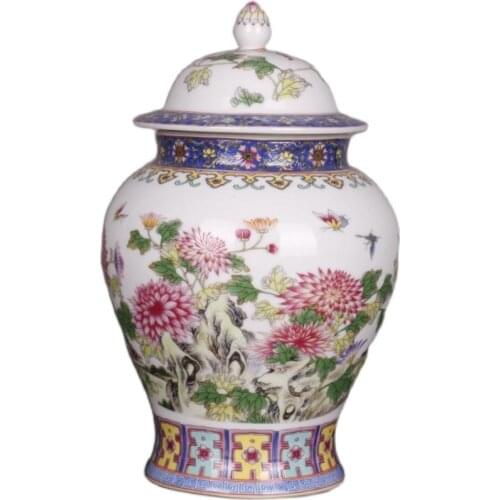 Qing Dynasty Qianlong Famille Rose Chrysanthemum Pattern General Tank Porcelain Home Chinese Style Ornaments Antique
