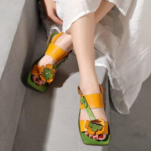 Women Leather Sandals Flat Heels Flower Summer Shoes for Women Square Toe Soft Genuine Leather Women Sandals Handmade Brand Shoe