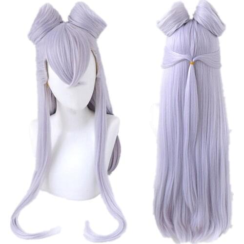 High Quality Game KDA Evelynn Wig With Buns LoL Cosplay Light Purple Synthetic Hair Long Straight Wigs + Free Wig Cap