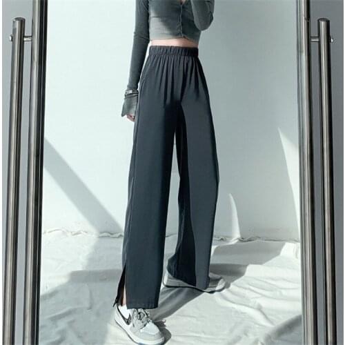 Women Loose Slim Front Slit Wide Leg Pants High Waist Casual Thin Drape Mopping Suit Trousers Sportswear Sweatpants